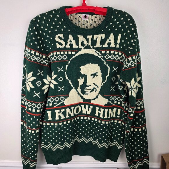 Elf Santa I Know Him Men's Green Christmas Sweater Size Medium - Picture 1 of 4
